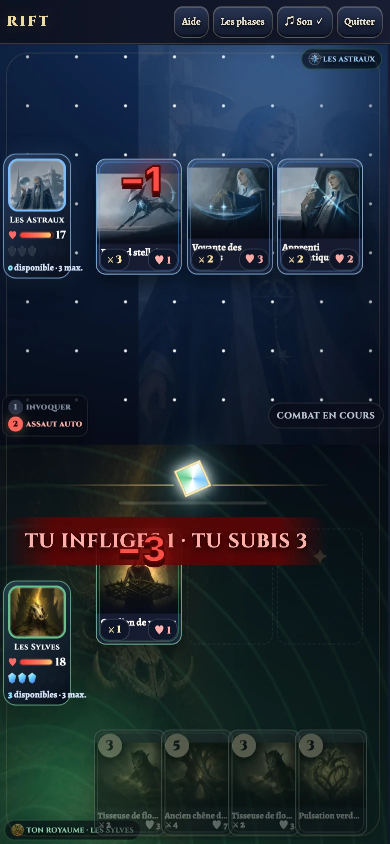 Une partie de RIFT sur téléphone, en portrait.
